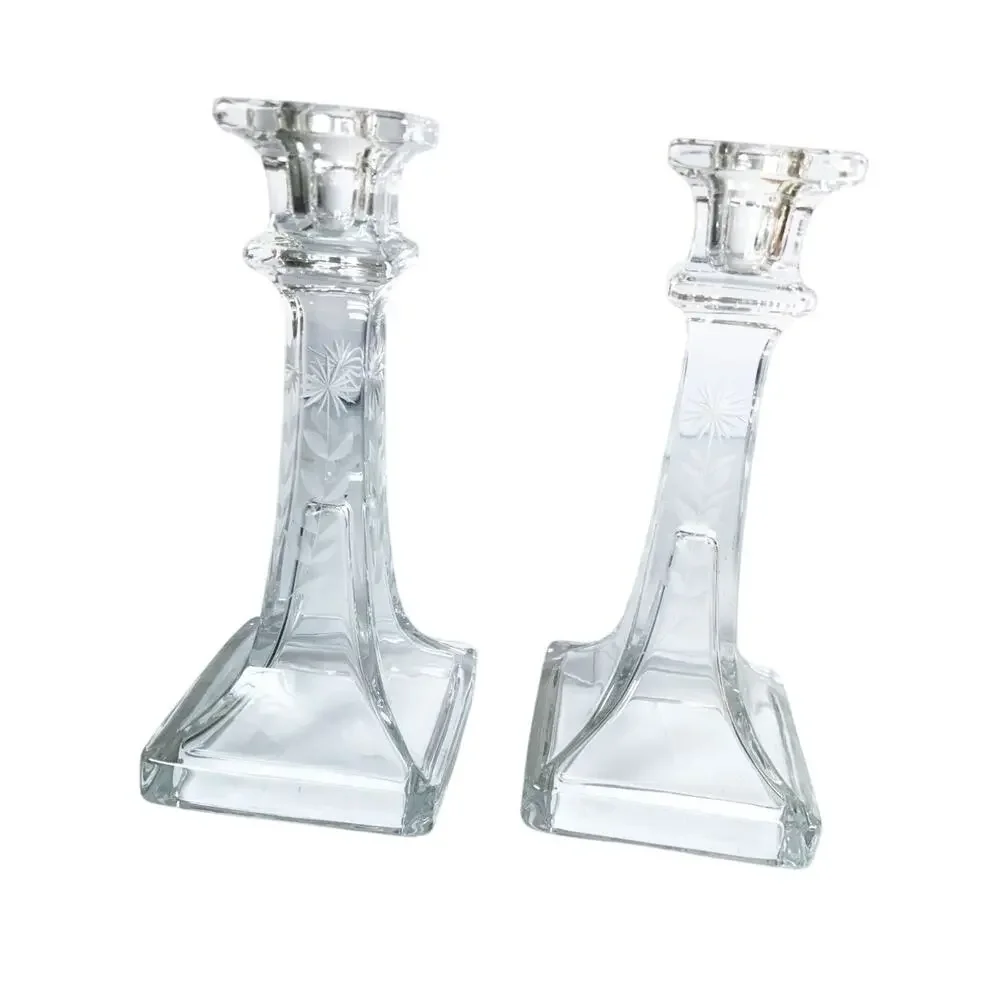 Pair Vintage Etched Glass Tapered Candle Stick Holders Etched Flower on 4 sides